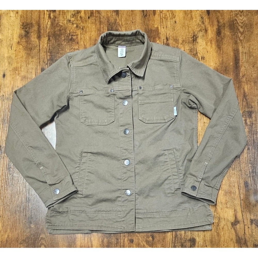 Stio Women Olive Green Canvas Button Front Utility Jacket Pinecone Logo XS